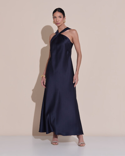 Foto Vestido de Festa Midi Frente Única Cetim Azul Marinho