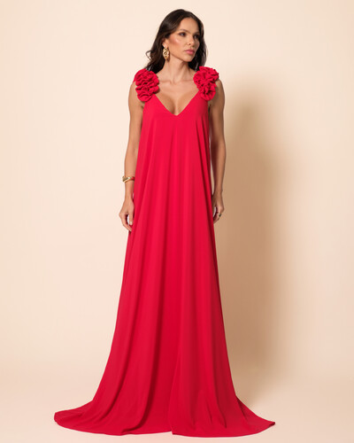 Foto Vestido de Festa Longo Crepe Chiffon Fluido Decote em V Flores Vermelho