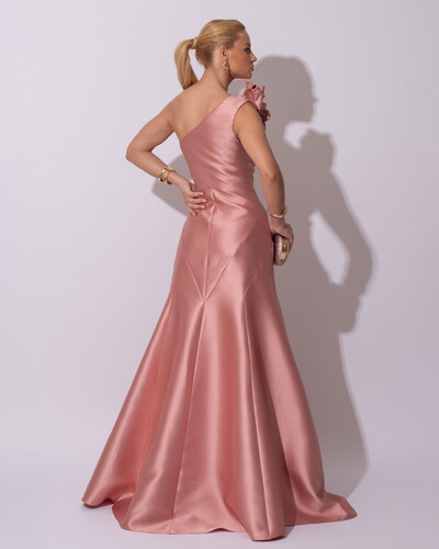 FotoVestido de Festa Longo Zibeline um Ombro Só Flor Removível Saia Sereia Rose