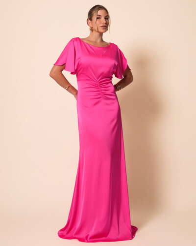 Foto Vestido de Festa Longo Cetim Fluido Manga Curta Drapeado Pink New