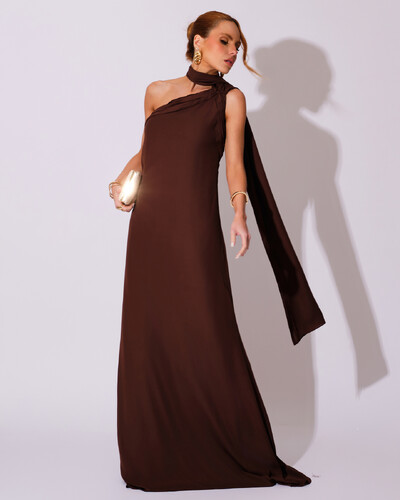 Foto Vestido de Festa Longo Crepe Chiffon Um Ombro Só Drapeado Marrom