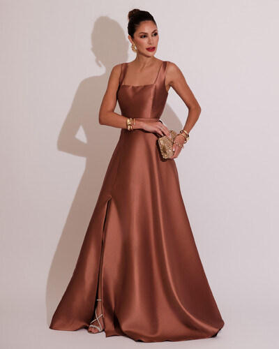 Foto Vestido de Festa Longo Zibeline com Fenda e Faixa Mocha Mousse