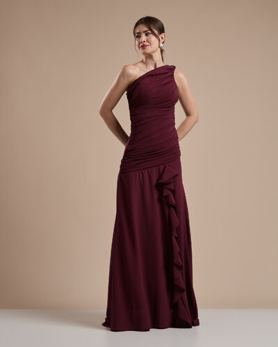 Foto Vestido de Festa Longo Crepe Chiffon Um Ombro Só Drapeado com Babado Cascata Marsala