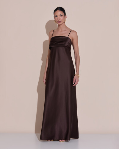 Foto Vestido de Festa Midi Drapeado Cetim Marrom
