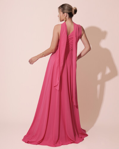 FotoVestido de Festa Longo Crepe Chiffon Um Ombro Só Drapeado com Lenço Pink New