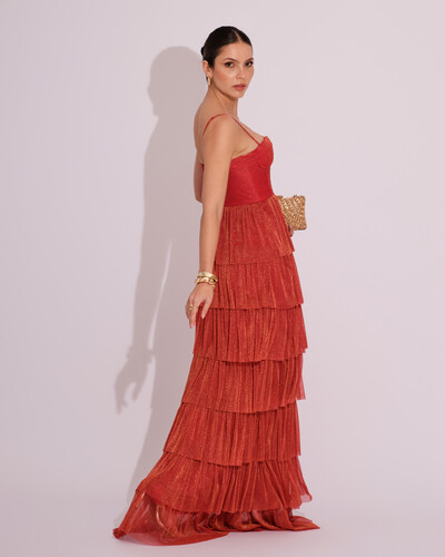 FotoVestido de Festa Longo Tule Glitter com Camadas Terracota