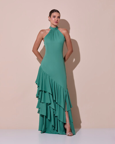 Foto Vestido de Festa Longo Chiffon Crepe Gola Alta Babados Verde Matcha Escuro