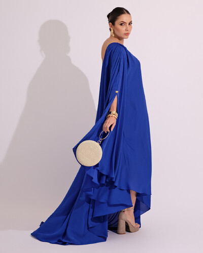 FotoVestido de Festa um Ombro com Capa Crepe Fluido Azul Royal