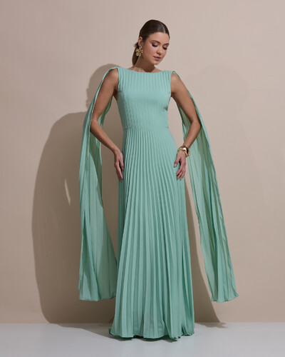 Foto Vestido de Festa Longo Crepe Chiffon Plissado com Lenço nas Alças Verde Menta