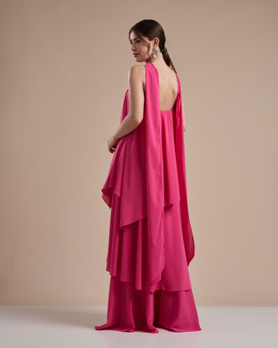 FotoVestido de Festa Longo Chiffon Crepe em Camadas com Lenço Pink New