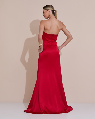 Foto Vestido de Festa Longo Cetim Alfaiataria Tomara que Caia Fenda Vermelho Escuro