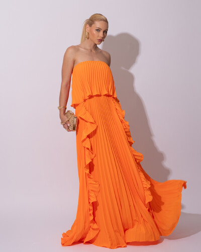 Foto Vestido de Festa Longo Crepe Chiffon Tomara que Caia Plissado com Babado Cascata Laranja