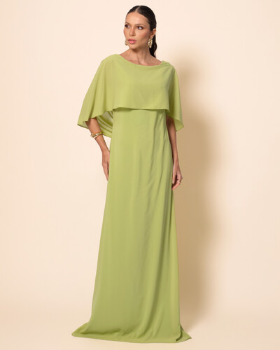 Foto Vestido de Festa Longo Crepe Chiffon com Capa e Degagê nas Costas Verde Garden
