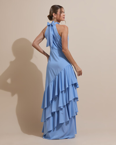 Foto Vestido de Festa Longo Chiffon Crepe Gola Alta Babados Serenity
