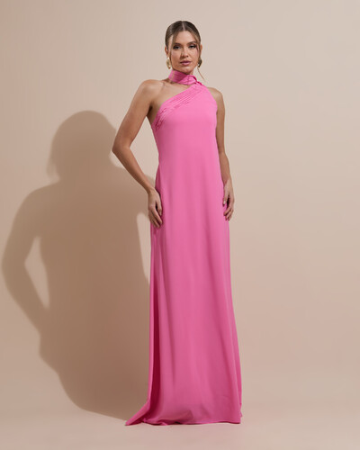 Foto Vestido de Festa Longo Crepe Chiffon Um Ombro Só Drapeado Rosa
