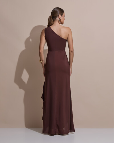 Foto Vestido de Festa Midi Um Ombro Só Crepe Chiffon Babados Cascata Fenda Marrom