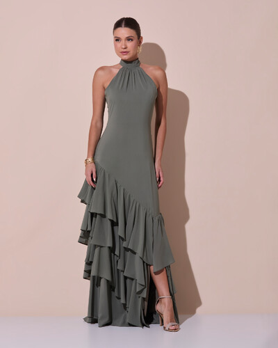 Foto Vestido de Festa Longo Chiffon Crepe Gola Alta Babados Verde Oliva