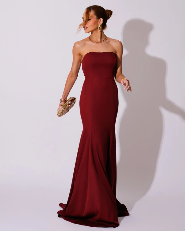 Vestido de Festa Longo Alfaiataria Tomara que Caia Saia Sereia Marsala