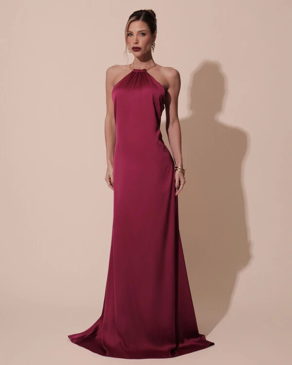 Vestido de Festa Longo Cetim Fluido com Argola Frente Única Beterraba