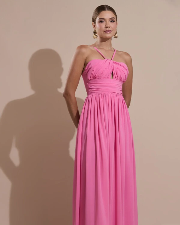Vestido de Festa Longo Crepe Chiffon Drapeado com Alças Finas Rosa