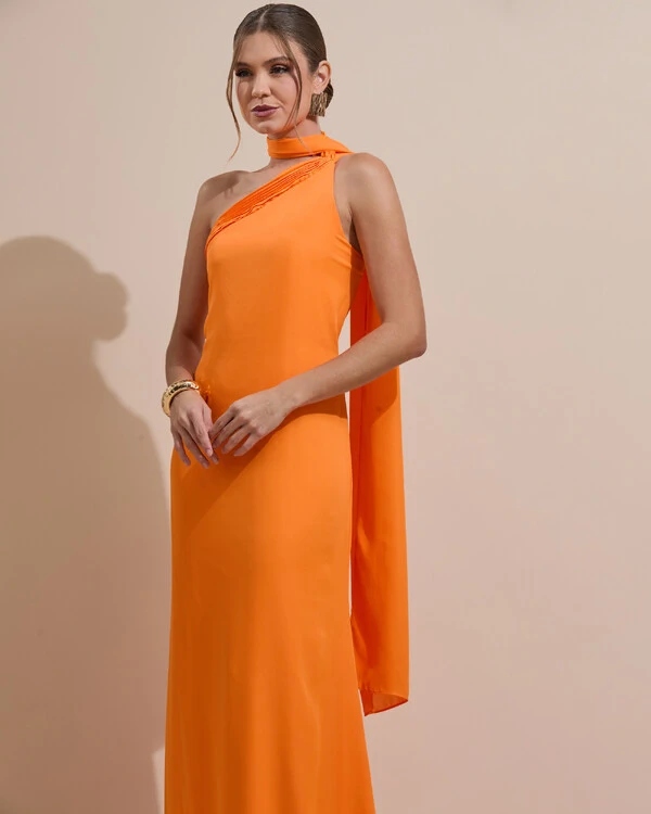 Vestido de Festa Longo Crepe Chiffon Um Ombro Só Drapeado Laranja