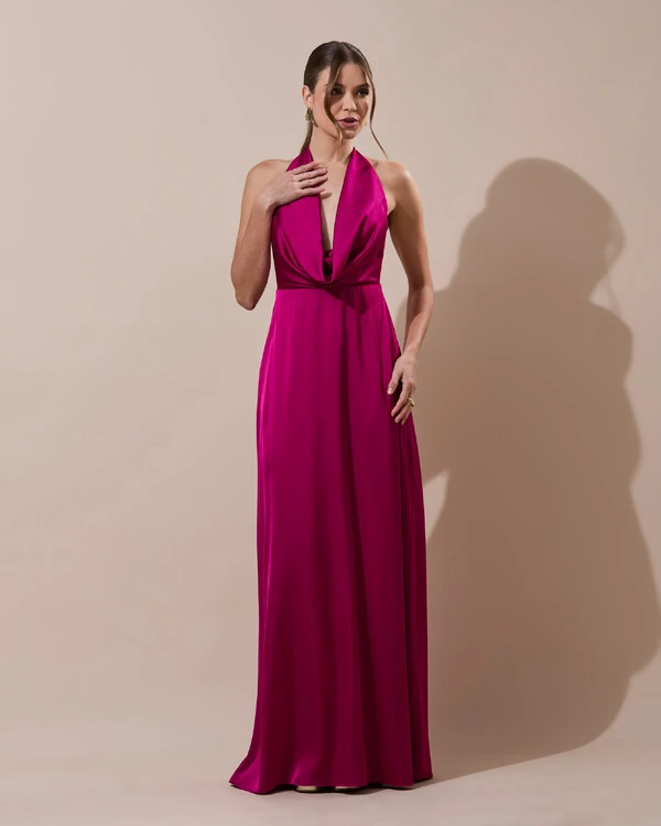 Vestido de Festa Longo Frente Única Degagê Cetim Fluido Beterraba