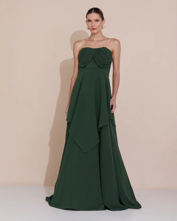 Vestido de Festa Longo Tomara que Caia Crepe Chiffon Drapeado Camadas Verde Escuro New