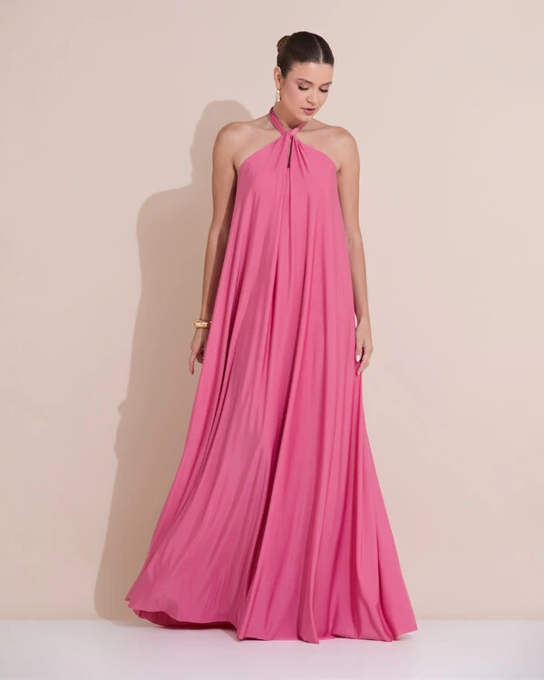 Vestido Longo com Amarração em Malha Rosa
