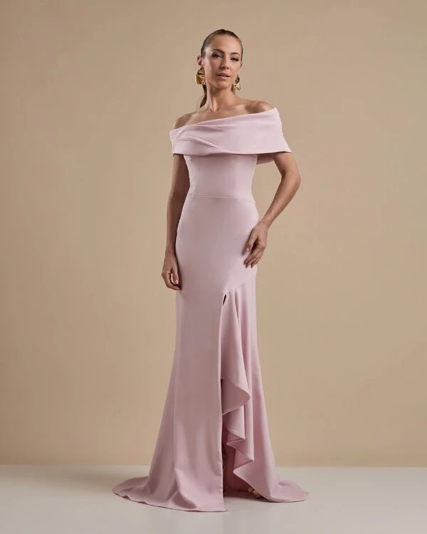 Vestido de Festa Longo Alfaiataria Ombro a Ombro com Babado Cascata Rosa Claro