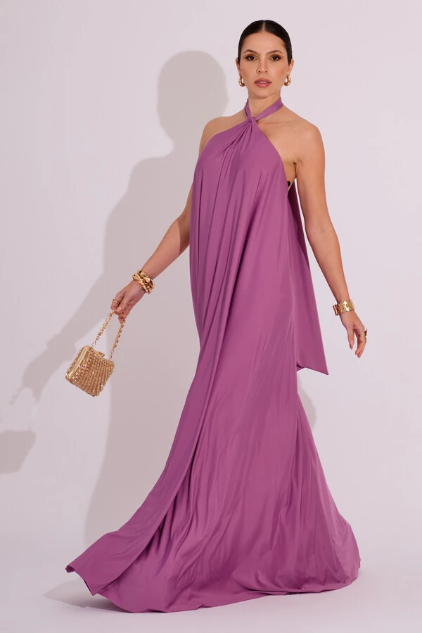 Vestido Longo com Amarração em Malha Lilás