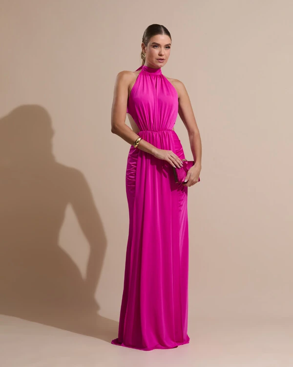 Vestido de Festa Longo Malha Jersey Gola Alta Saia Sereia Pink