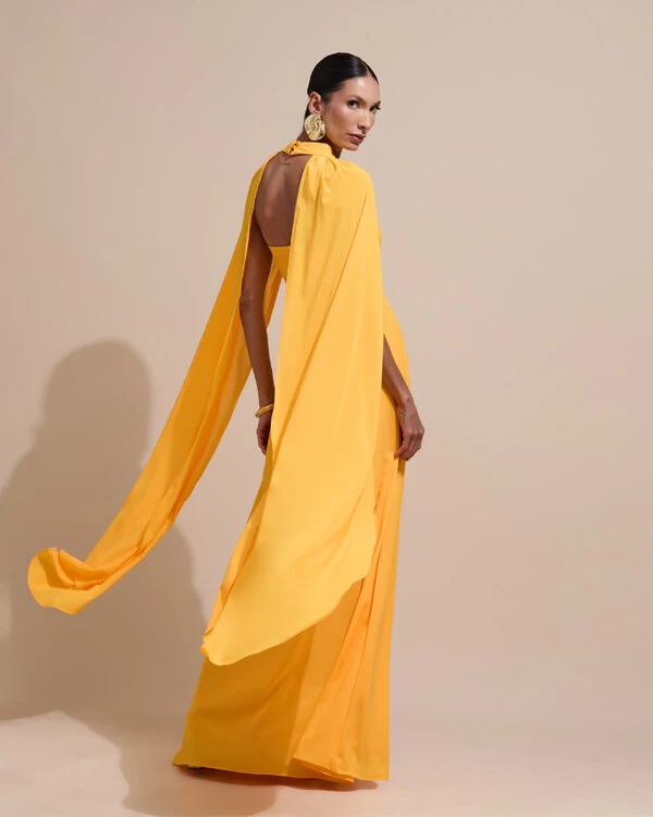 Vestido de Festa Longo Tomara Que Caia Crepe Chiffon Drapeado Capa Laranja Manga New