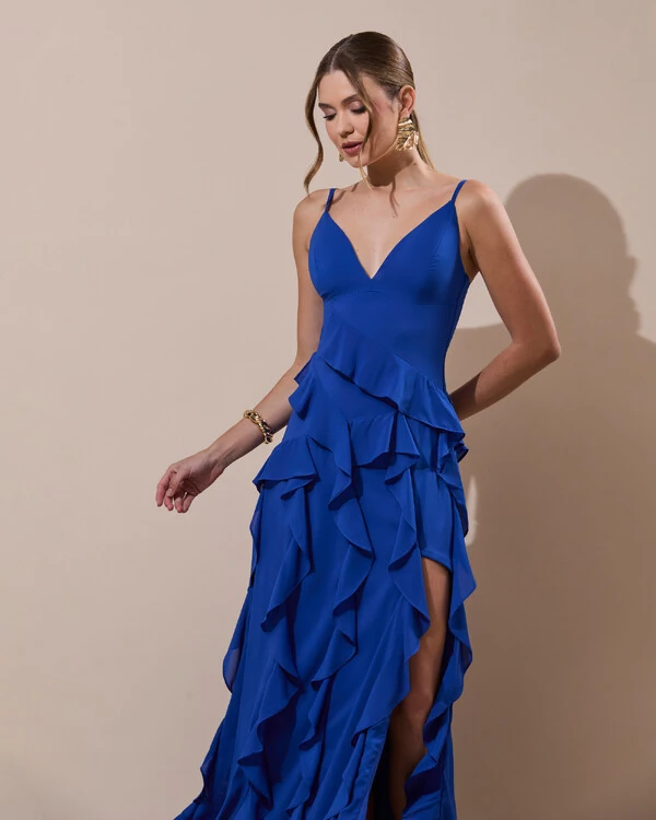 Vestido de Festa Longo Decote V Crepe Chiffon Babados Cascata e Fenda Azul Royal