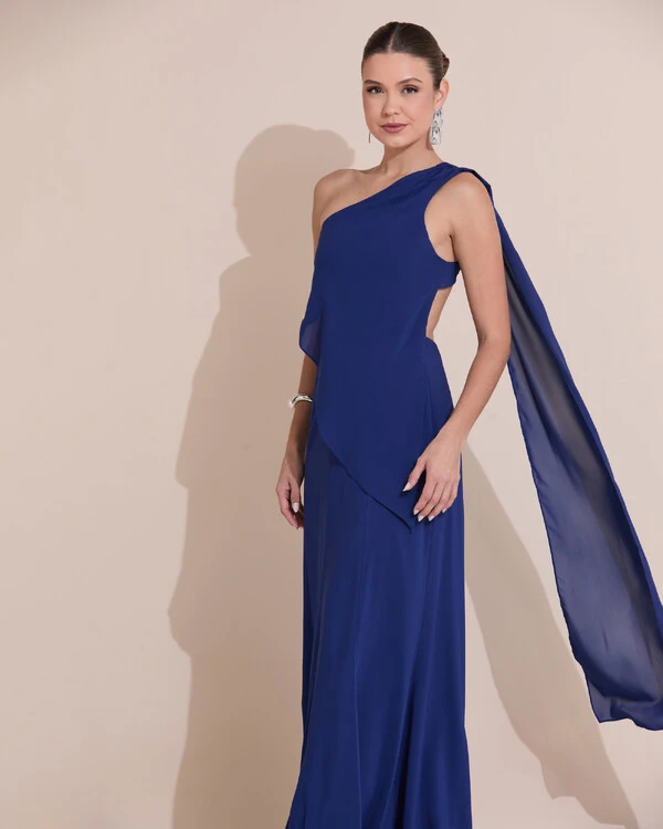 Vestido de Festa Longo Um Ombro Só Crepe Chiffon Lenço Azul Marinho