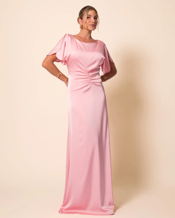Vestido de Festa Longo Cetim Fluido Manga Curta Drapeado Rose