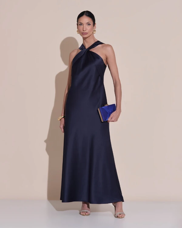 Vestido de Festa Midi Frente Única Cetim Azul Marinho