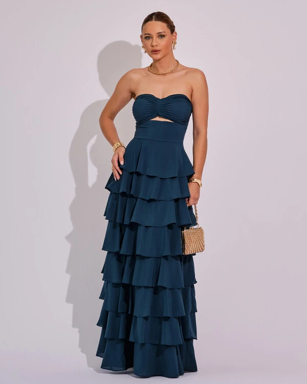 Vestido Longo Crepe Chiffon Tomara que Caia Plissado em Camadas Verde Escuro