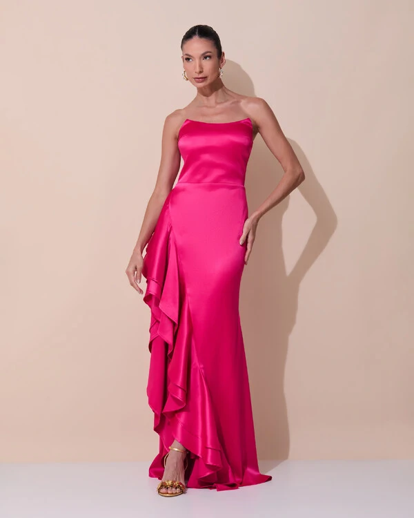 Vestido de Festa Longo Tomara que Caia Cetim Babado Fenda Pink