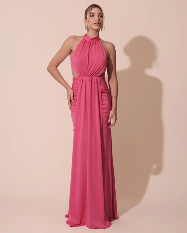 Vestido de Festa Longo Malha Jersey Gola Alta Saia Sereia Pink New