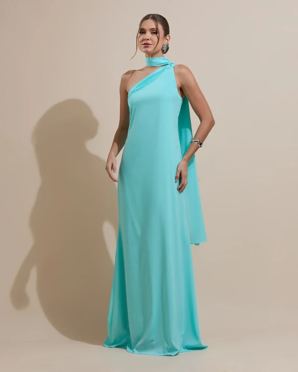 Vestido de Festa Longo Crepe Chiffon Um Ombro Só Drapeado Tiffany