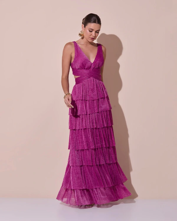 Vestido De Festa Longo Decote V Tule Brilho Recortes Camadas Fúcsia