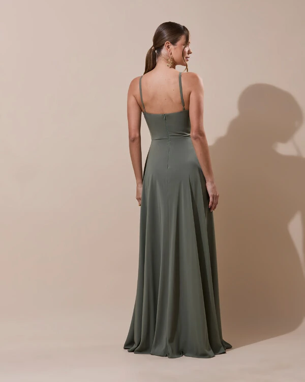 Vestido de Festa Longo Crepe Chiffon Drapeado com Alças e Saia Fluida Verde Oliva