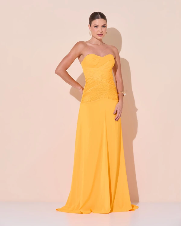 Vestido de Festa Longo Decote Coração Crepe Chiffon Drapeado Plissado Lenço Laranja Manga New