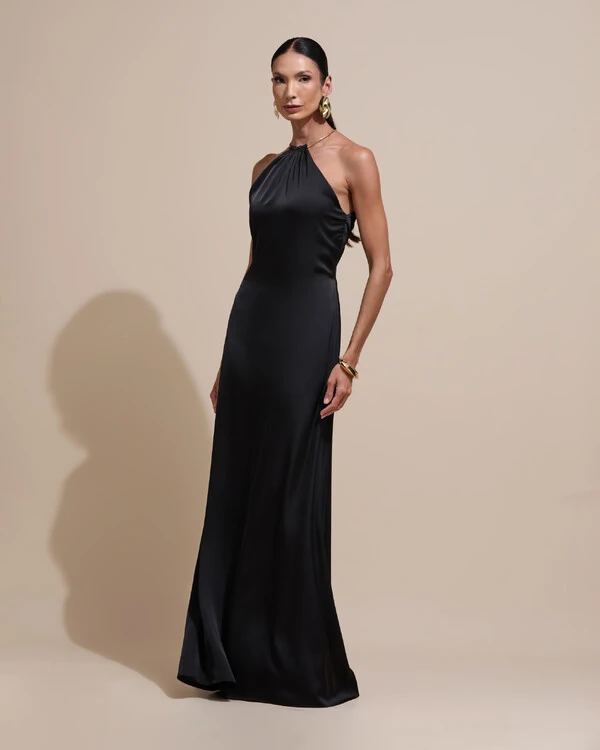 Vestido de Festa Longo Cetim Fluido com Argola Frente Única Preto