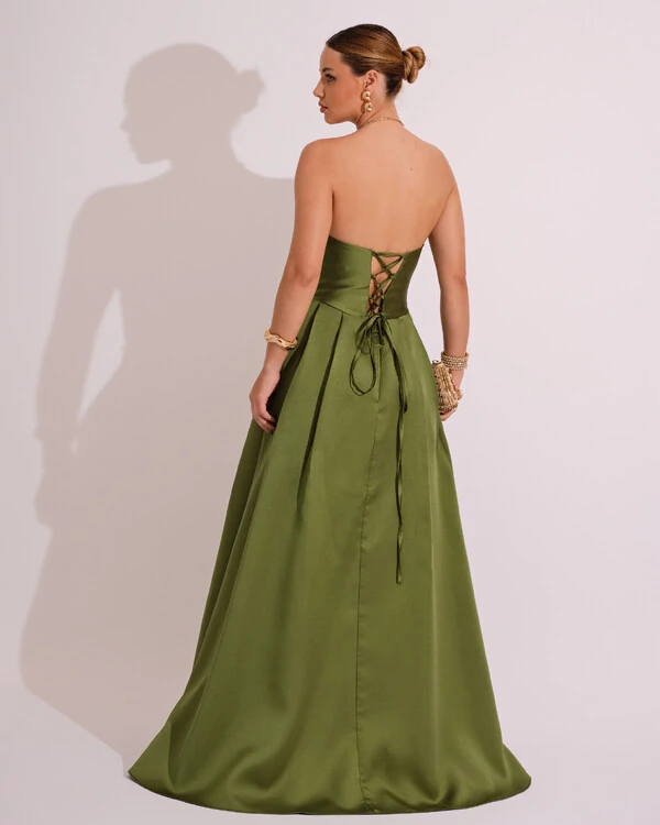 Vestido de Festa Longo Tomara que Caia Trançado Costa em Zibeline Verde Oliva