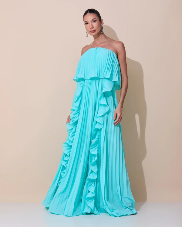 Vestido de Festa Longo Crepe Chiffon Tomara que Caia Plissado com Babado Cascata Tiffany