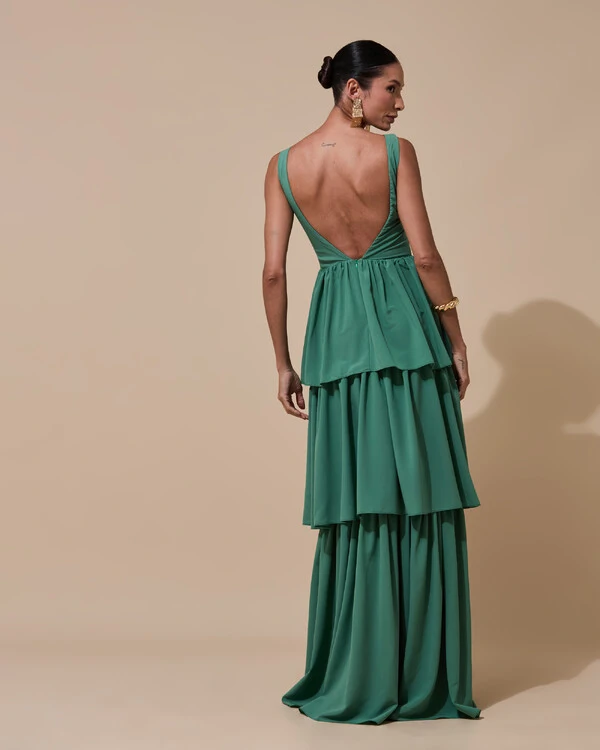Vestido de Festa Longo Decote V Crepe Chiffon Plissado Camadas Babado Verde Macha Escuro