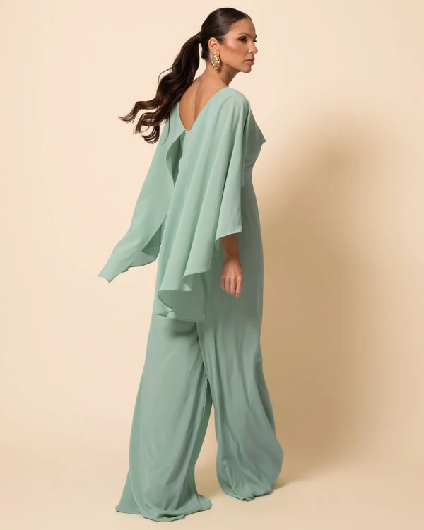 Macacão de Festa Longo Crepe Chiffon com Capa Verde Menta