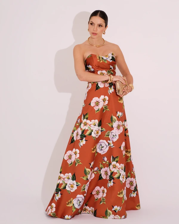 Vestido de Festa Longo Tomara que Caia Estampado Decote Drapeado Terracota