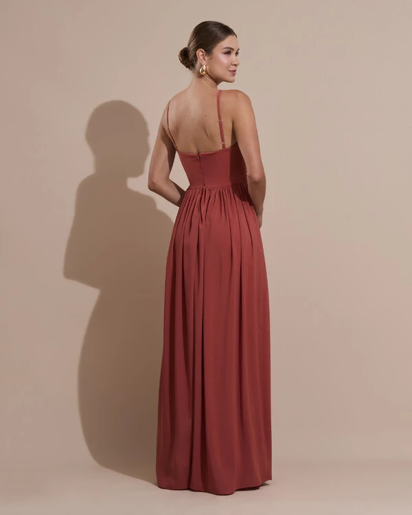 Vestido de Festa Longo Crepe Chiffon Drapeado com Alças Finas Terracota